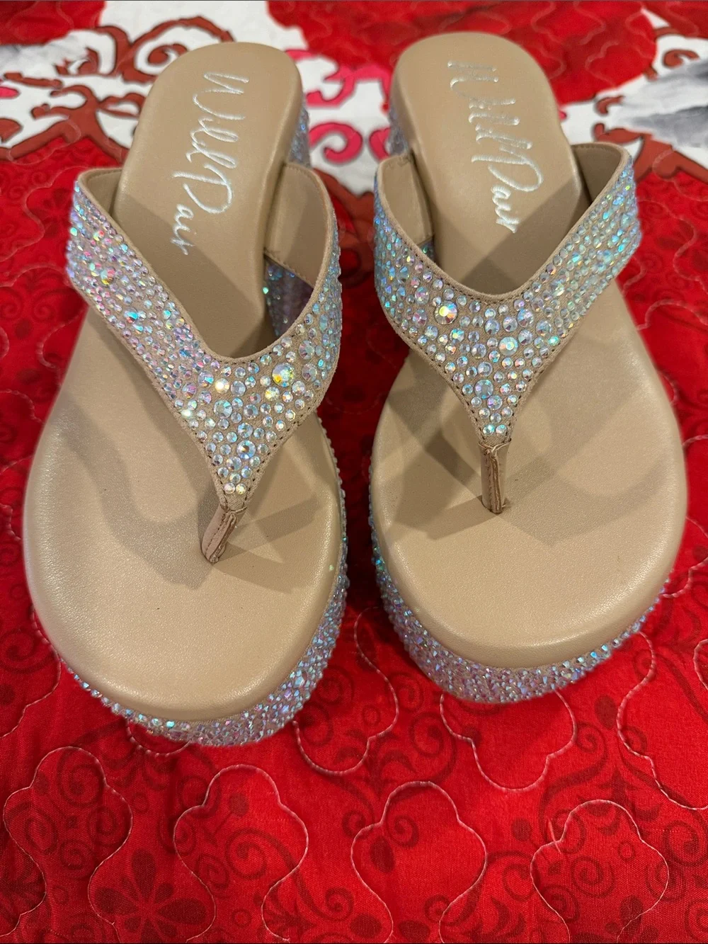Wild Pair Nude Crystal Wedge Flip Flops - Women